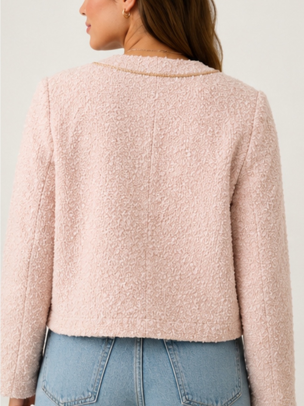 Express Pink Bouclé Collarless Gold Button Chain Trim Jacket XL NWT - Picture 5 of 16
